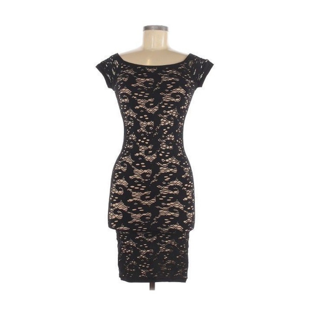 Guess Lace Bodycon Cap Sleeve Scoop Neck Dress Black/Tan Sz M/L